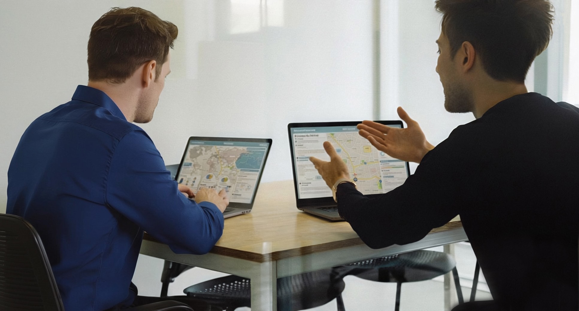 Two men reviewing maps and data on laptops at a table, one gesturing