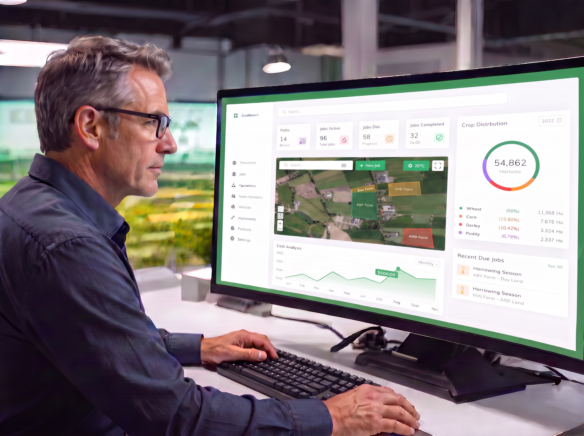 A man viewing aerial farm mapping software on a monito
