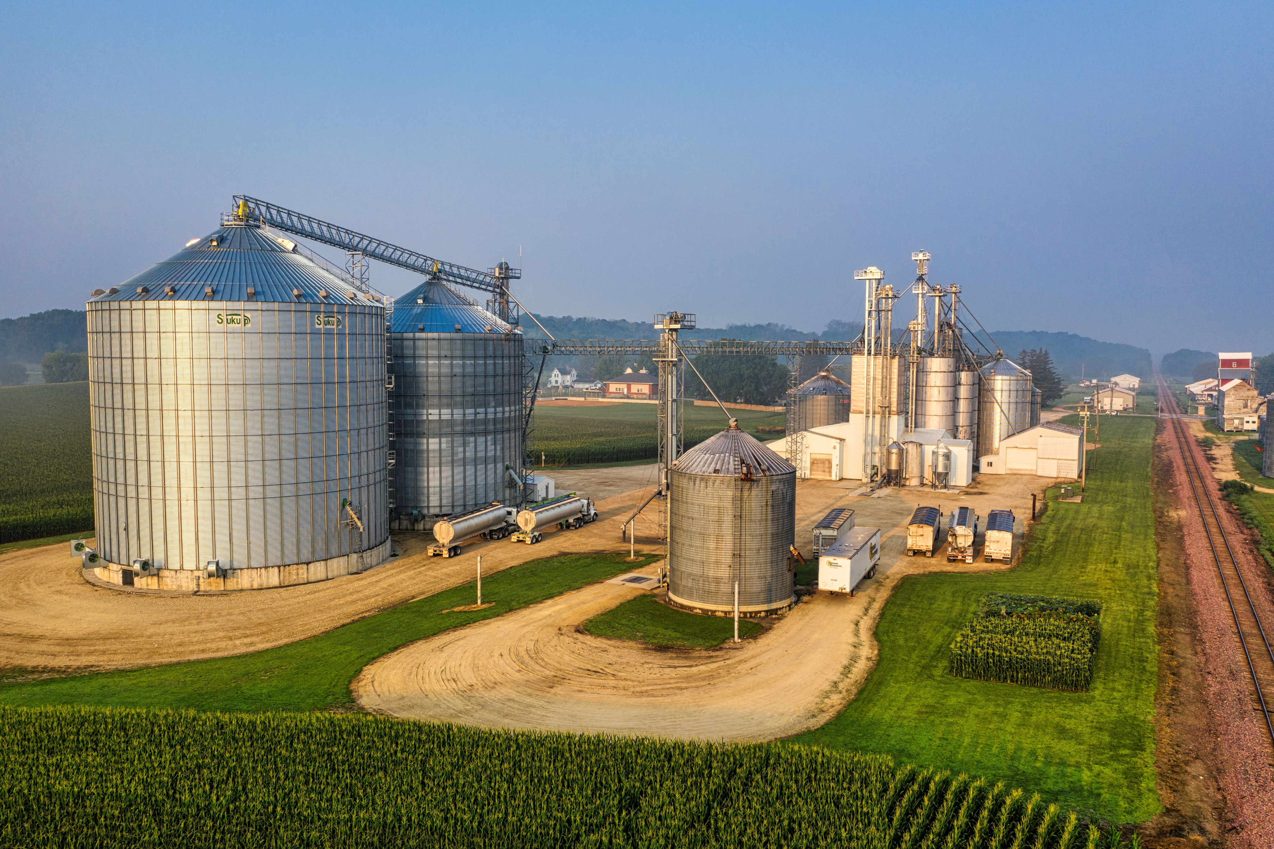 Aerial view of grain silos on a farm