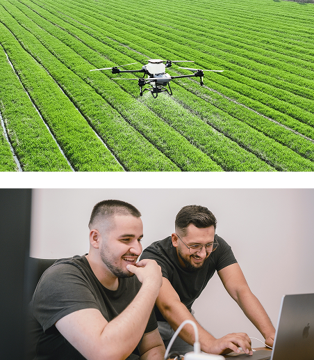 Top: agricultural drone spraying green crop rows; bottom: two men smiling while working at a laptop.