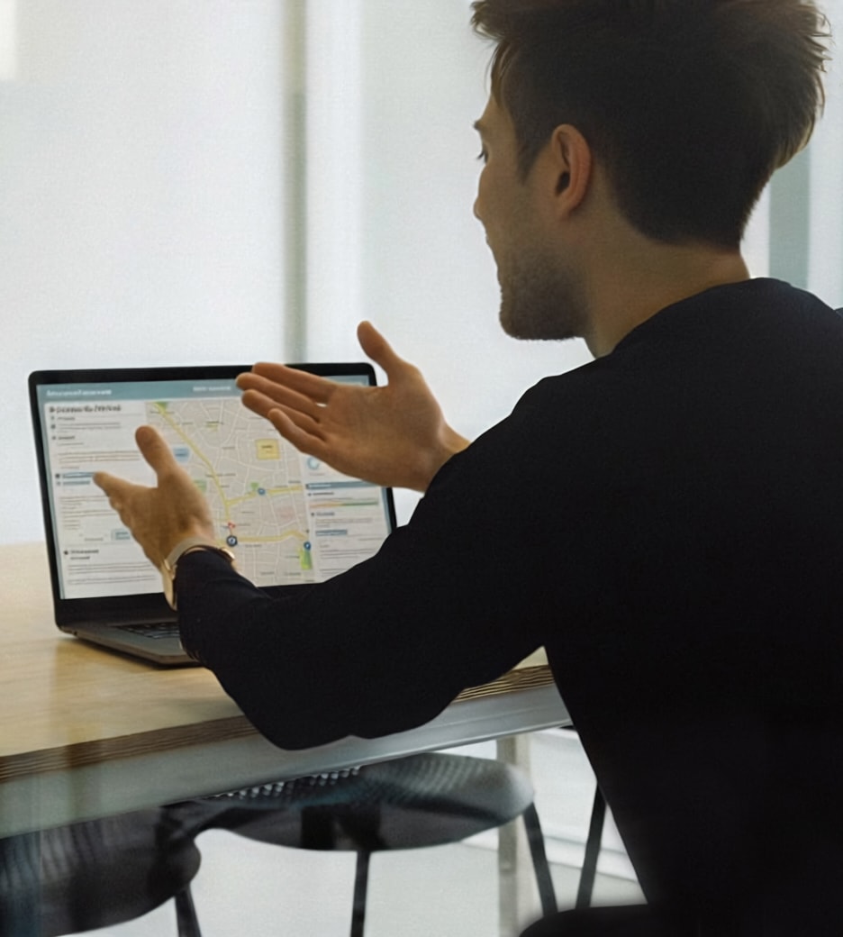 Two men reviewing maps and data on laptops at a table, one gesturing
