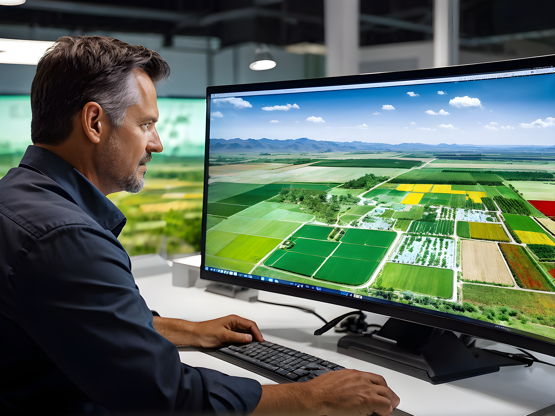A man viewing aerial farm mapping software on a monito