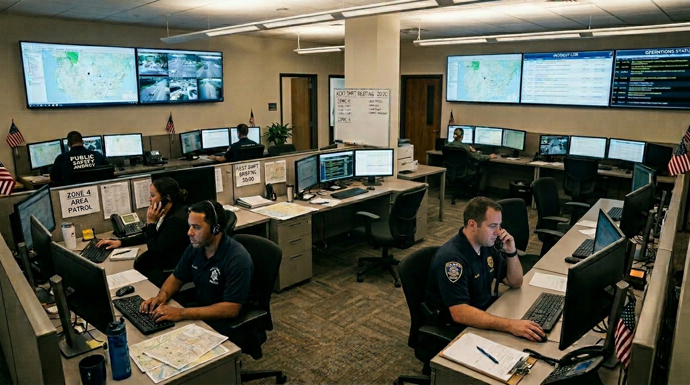 Emergency dispatch center with officers monitoring multiple screens